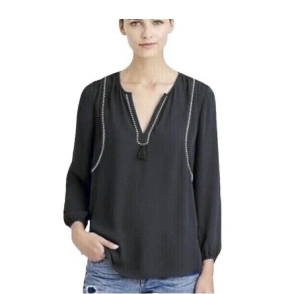 J.Crew Black Boho Blouse Size 10 Tassel Tie Embroidered Peasant Top Coastal Chic